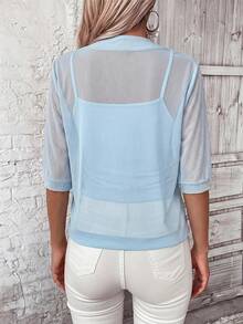 SHEIN LUNE 純色開襟透視網眼外套，秋冬休閒款 - 淺藍色 - 查看 7