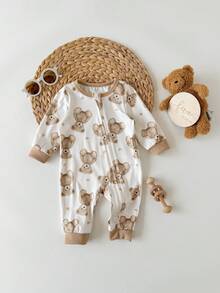 SHEIN Newborn Baby Girl Casual Cute Knitted Cartoon Pattern Long Sleeve Home Wear Romper - Apricot - View 6
