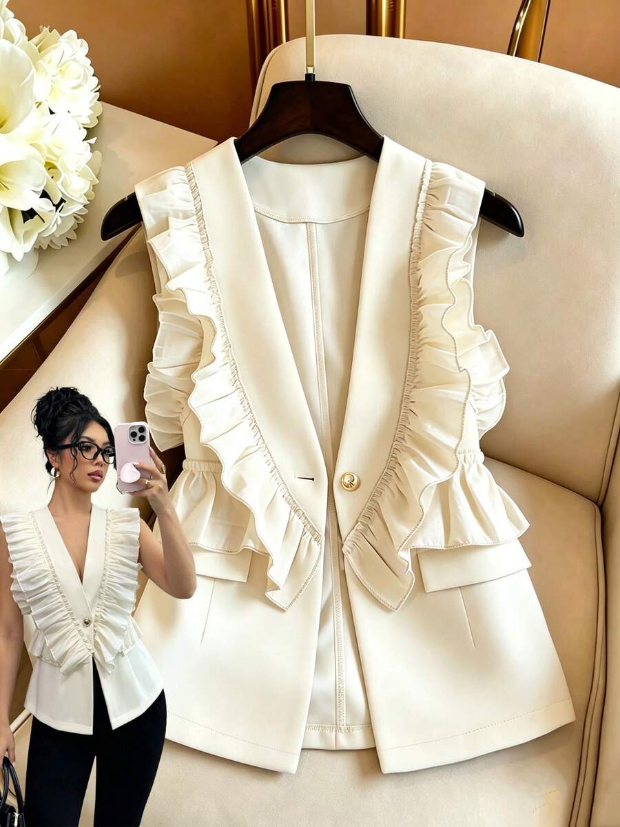 SHEIN Franclia 2026新款小眾設計女款西裝背心,荷葉邊飾邊、前開襟、金屬鈕扣,夏季優雅熱帶風,適合雞尾酒會、度假、社交、辦公場合 - 杏色 - 查看 1