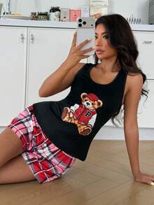 ZzzCrew 撞色格纹背心套装，棒球熊运动休闲服 - 紅色 - 查看 6