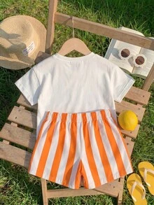 SHEIN Playful Pals 2件組女嬰檸檬水果印花圓領短袖T恤與條紋短褲可愛白色夏季套裝，適用於嬰幼兒度假與假期 - 彩色 - 查看 2