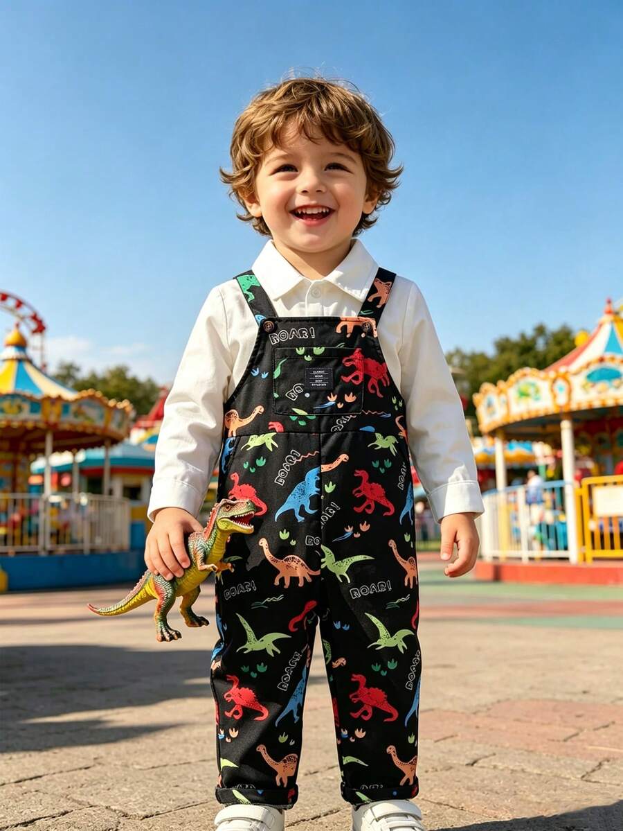 SHEIN Lockerer, bequemer Jumpsuit für kleine Jungen, lässiger, süßer Stil, geeignet für Schule, Sport und Outdoor-Aktivitäten, passend für Jungen von 4 bis 7 Jahren. Cargohose für Kleine Jungen mit süßem Dinosaurier-Muster - Schwarz - Übersicht 1