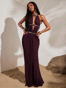 Opulessa Spring/Summer Vacation Solid Color Knit Mesh Hollow Out Halter Backless Dress For Women - Burgundy - View 7