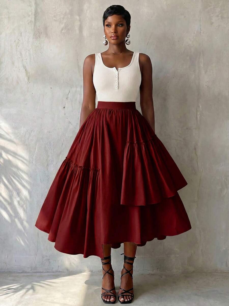 BamGlimmer Women's Solid Color High Waist Ruffle Hem Fashion Skirt