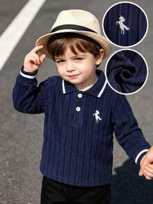 Souflis Souflis 1pc Spring/Autumn Baby Boy Casual Minimalist Navy Blue Long Sleeve Button Collar Polo Shirt, Baby POLO Shirt Top, Baby Boy Preppy Old Money Style Top, Baby Boy Spring/Autumn Top, Baby Pullover - Blue - View 5