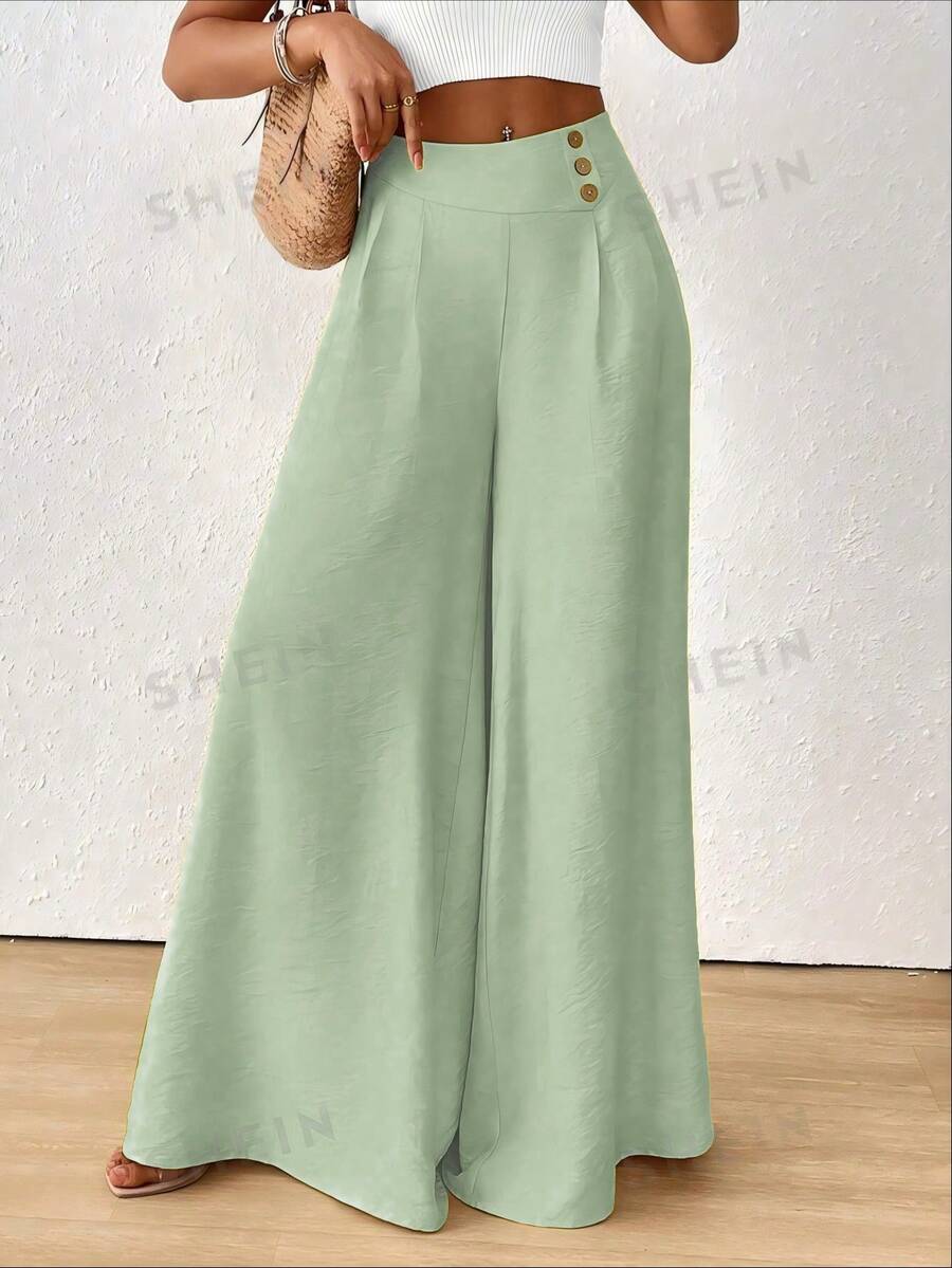 SHEIN Holidaya 女款素色休閒百搭日常穿著寬腿長褲 - 獵人綠 - 查看 1