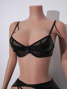 AltCore Conjunto de lencería sexy de 4 piezas con patchwork de malla y cuero PU - Negro - Ver 4