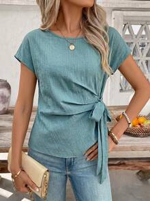SHEIN Clasi Damen Bluse in Unifarbe mit Rundhalsausschnitt und Knoten-Design, lässig und vielseitig für den Alltag und Ausflüge - Grün - Übersicht 7