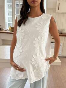 Dazy Maternity White Maternity Tank Top Camisole With Small Round Neck, 3D Floral Decor, Sleeveless, Loose Fit, Elegant Romance Summer Babyshower - White - View 4