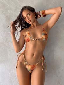 Aloruh 女款夏季新款比基尼套裝，紮染漸層印花圖案，性感派對音樂節全息貝殼裝飾泳裝沙灘裝度假穿搭 - 棕色 - 查看 3