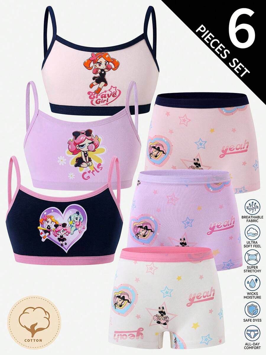 SHEIN 女童 3 件套可愛俏皮快樂卡通跳舞女孩仙女印花四季棉質細肩帶背心與低腰內褲 - 彩色 - 查看 1