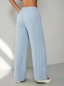 SHEIN PETITE Pantalones largos de unicolor, versátiles y holgados, para mujeres de talla pequeña - Azul - Ver 2