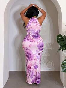 Veslaya Spring/Summer New Elegant Romantic & Vacation Romantic & Date & Party & Evening & Wedding Season & Birthday Party & Travel & Hotel Vacation & Cruise Vacation Elegant Dress Slim Fit Sleeveless Halter Neck Bodycon Romantic Floral Print Elastic Knit Women Plus Size Maxi Dress-A - Purple - View 2