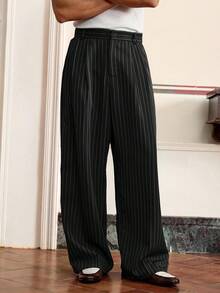 SWAVVY Men's Spring/Summer Casual Striped Wide Leg Pants With Buttons - Black - View 4