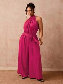 Slaydiva Mono de cuello halter de unicolor talla grande para vacaciones y uso casual - Rosa Fucsia - Ver 13