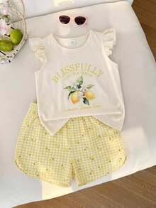 SHEIN 2件組 幼兒女寶寶可愛時尚Y2K檸檬印花荷葉邊短袖軟綿套裝 短褲與上衣圖案T恤 夏季海灘度假服飾 - 黃色 - 查看 2