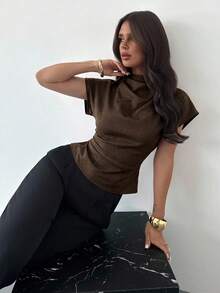 Firerie Wrinkled Collar Asymmetrical Sleeve Side Ruched Cinched Waist Commuter Apricot Bamboo Fiber Linen Blouse For Women, All Season,Summer Top - Coffee Brown - View 6