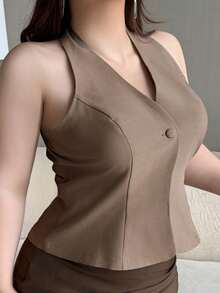 Dazy Plus Solid Color Halter Neck Backless Elegant Formal Summer Top Plus Size Women Spring/Summer Tank Top Going Out Tops - Khaki - View 4