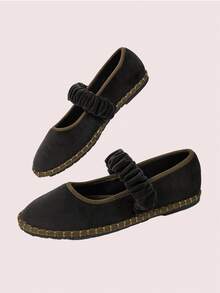 CUCCOO DOLLMOD Women's Casual Bohemian Solid Color Velvet Elastic Strap Mary Jane Flat Shoes For Commuting And Vacation - Black - View 6