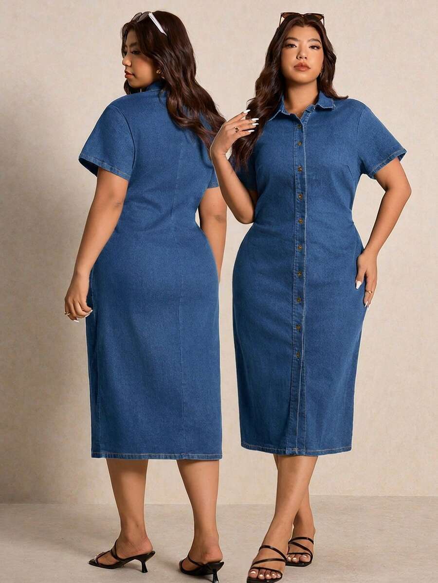 Elaquor Gaun Denim Kancing Depan Kasual Musim Panas Ukuran Besar