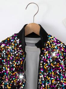 SHEIN Young Girl Asymmetrical Pattern Sequin Accent Party Music Festival Classic Zip-Up Flight Jacket For Young Girl - Multicolor - View 5
