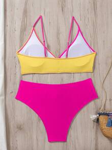 Swim Vcay Conjunto de traje de baño de dos piezas con bloques de color y patchwork para vacaciones en la playa - Multicolor - Ver 4