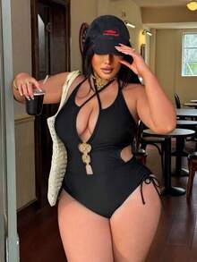 Swim SXY Baju Renang Seksi Terusan Wanita Ukuran Besar Warna Polos Berongga dengan Tali Leher dan Ikat Pinggang, Dekorasi Logam, Tali Serut Samping - Hitam - View 4