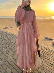 Solavon New Ruched Multi-Layer Flounce Cinched Waist Flowy Beach Dress, Flattering And Suitable For Vacation And Beach Unlined Sleeves - Pink - View 4