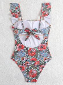Swim Lushoire 女士夏季沙滩度假成熟随机印花荷叶边抹胸前扭结连体泳衣 - 彩色 - 查看 6