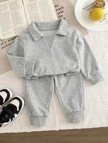 SHEIN 2pcs Toddler Baby Boy Casual Chic Solid Plain Long Sleeve Collared Soft Squishy Hoodies Sweat Pants 2 Piece Sets Outfits Clothes Spring Fall Winter - White - View 7
