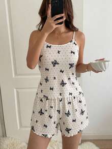 DAZY 女款夏季優雅蝴蝶印花上衣與寬腿睡褲套裝 - 黑與白 - 查看 4