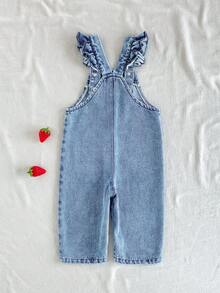 SHEIN Vintaside Kids 1件女嬰淺藍色牛仔連身褲 夏季休閒度假款 刺繡草莓肩帶吊帶褲 可愛嬰兒連身衣 水果造型 外出穿搭 - 藍色 - 查看 3