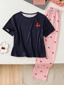 SHEIN 青少年女孩簡約圓領短袖上衣與條紋櫻桃印花長褲居家服套裝 - 彩色 - 查看 4