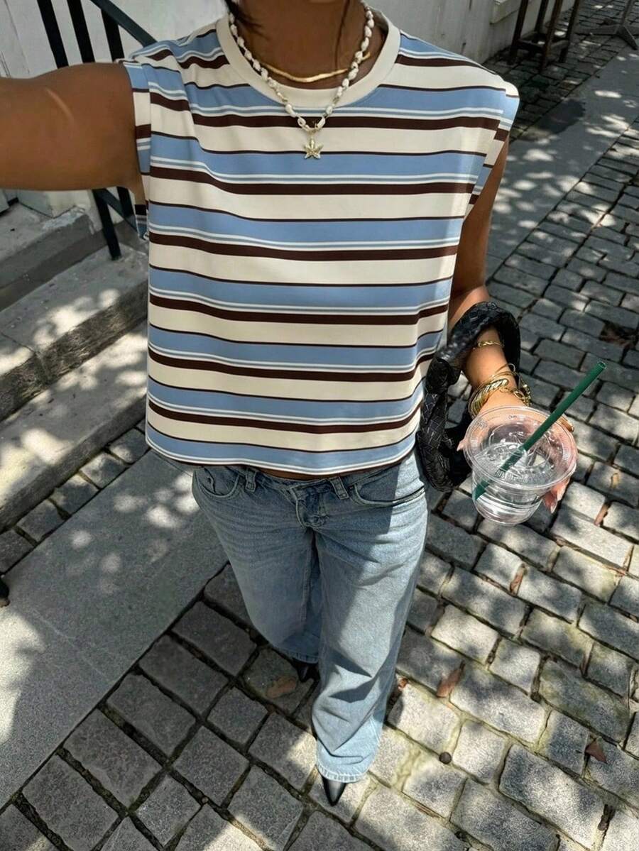 Siren Gaze 休閒簡約藍色不對稱條紋無袖背心上衣，百搭街頭風，夏季上衣