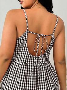 Solflare Gaun Camisole Wanita Ukuran Plus Motif Kotak-kotak Prancis Manis dengan Hem Berumbai - Coklat - View 3