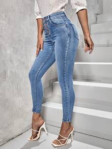 Selenza Button Fly Bleach Wash Skinny Jeans - Light Wash - View 3