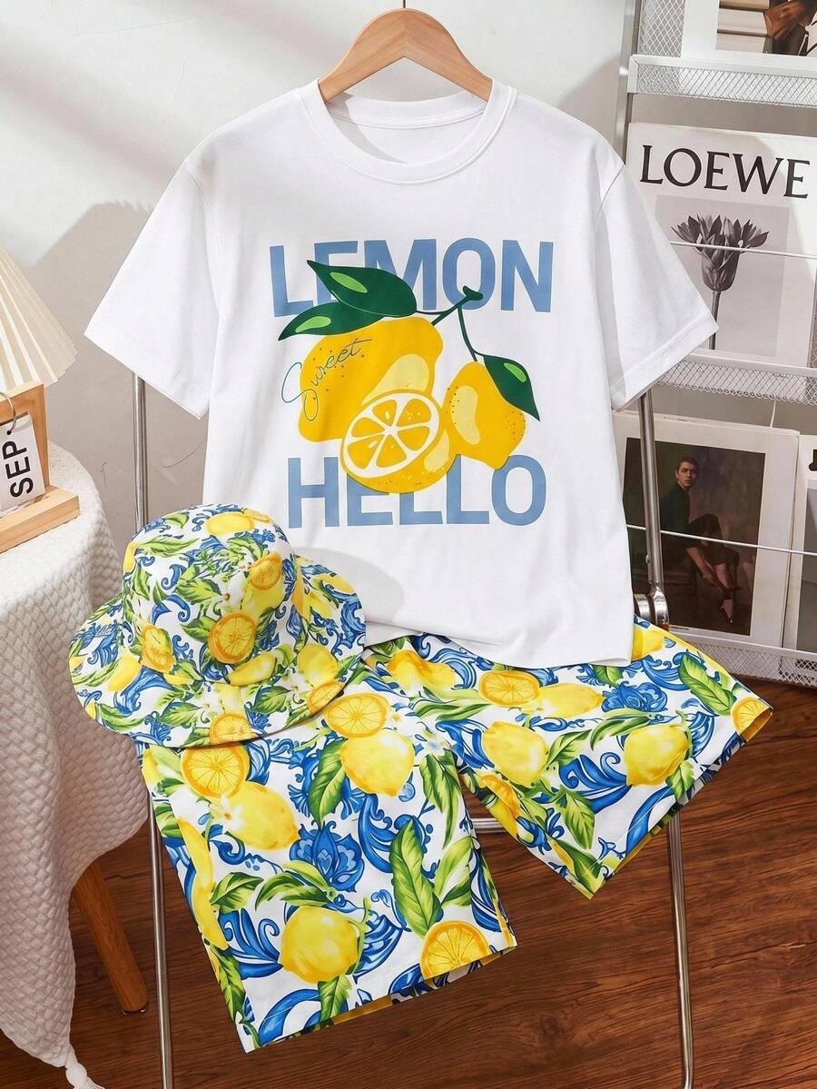 SHEIN 2件組兒童青少年男孩夏季休閒海灘度假可愛檸檬印花短袖T恤與鬆緊腰短褲套裝,適合通勤、上學、日常休閒穿著、旅行、運動,春夏適用 - 黃色 - 查看 1