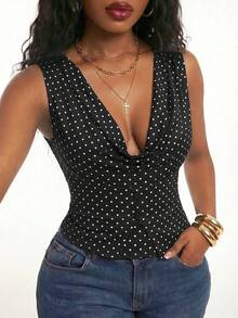 Radiana Black And White Polka Dot Print Sleeveless Cropped Top Draped Neckline Button Details 80s 90s Sexy Going Out Club Dinner Date Night Party Summer - Black - View 2