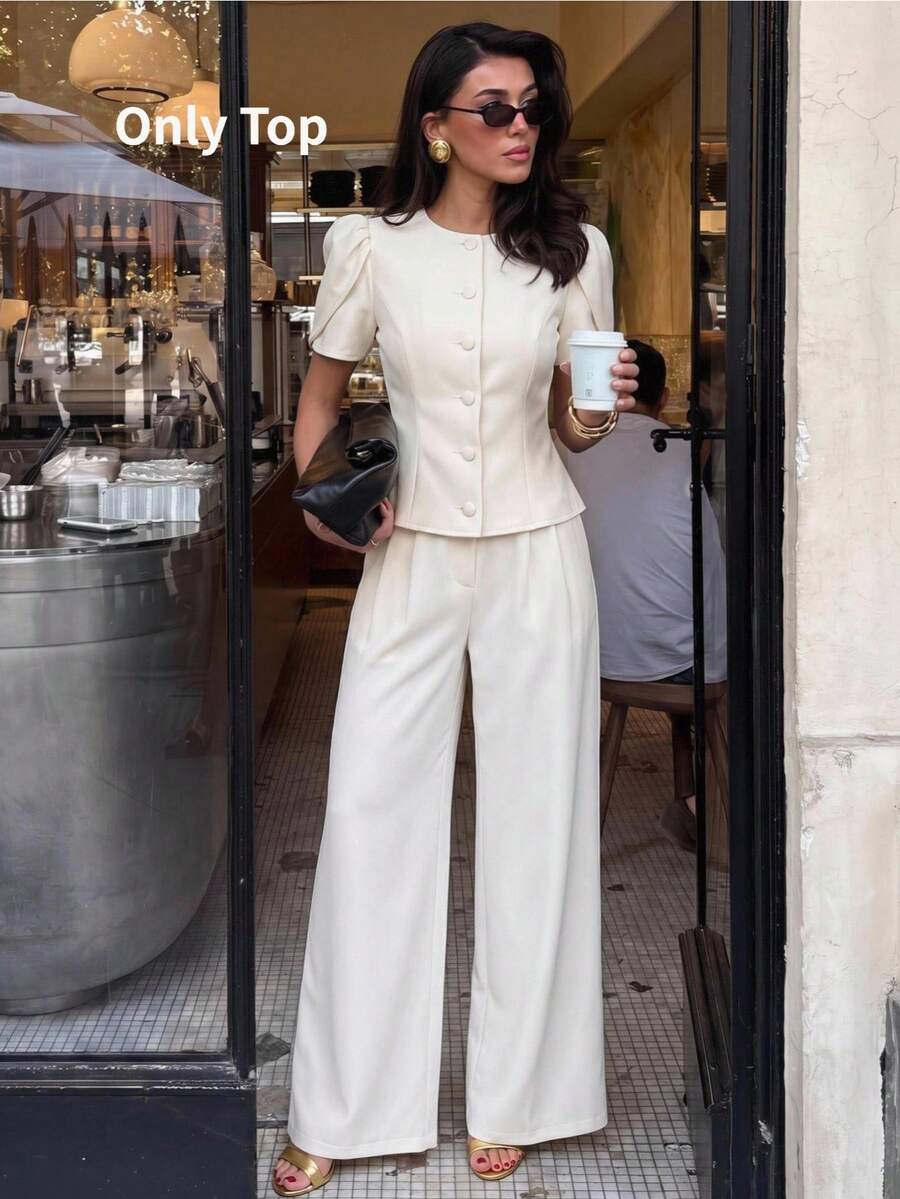 Lumalex Women's Elegant High Neck Gigot Sleeve Slim Fit Ivory Short Sleeve Blazer, Waist-Cinching Elegant Women's Blouse, Outing Top, Women's Outing Top, Women's Office Blouse, Women's Office Blouse, Formal Business Blouse, Luxurious New Year New Look, Low-Key Luxury, Ball Party Gathering Banquet, Low-Key Luxury, Sparkling Holiday Party Celebration