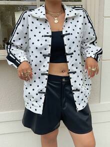 Muchica Plus Size Women's Polka Dot Pattern Frog Button Design Lightweight Jacket - Black and White - View 4