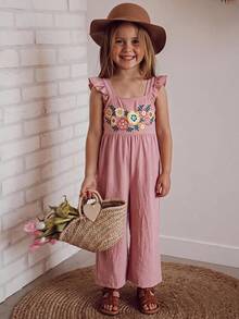 SHEIN Kids Young Girl Woven Floral Print Ruffle Strap Casual Jumpsuit - Pink - View 8
