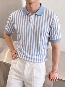 Airaco 男士藍白直條紋 Polo 衫，夏季短袖領口休閒上衣，薄款時尚 T 恤，度假禮物、生日禮物，春夏穿著 - 彩色 - 查看 2
