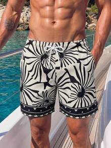 Manfinity Swimmode Pantalones cortos de playa de moda con patrón geométrico y cordón para hombre, adecuados para vacaciones y uso diario - Blanco y Negro - Ver 2