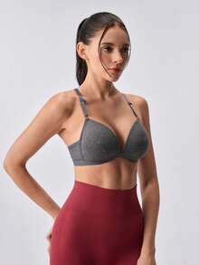 Loungeista 1 pièce de soutien-gorge sans fil à rayures de couleur unie pour femmes, confortable et ajusté, avec des bretelles réglables, de qualité stable, simple et décontracté, soutien-gorge/sous-vêtement anti-affaissement pour tous les jours - Gris foncé - Voir 5