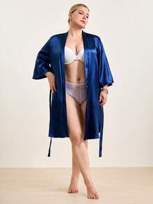 Hourtrue Plus Size Elegant Solid Color Arc Design Faux Silk Robe Luxe Loungewear, For Fall, Winter - Royal Blue - View 3