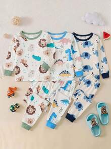 Baby Jungen Baby Mädchen Eng anliegender Pyjama Cartoon Tier Muster Strick Weich Rundhals Langarm Pullover Top und Lange Hose Eng anliegend 2 Stücke Set - Verschiedenfarbig - Übersicht 2