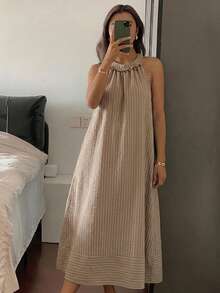 DAZY 條紋無袖寬鬆長洋裝 夏季女款睡裙家居服睡衣 - 卡其色 - 查看 5