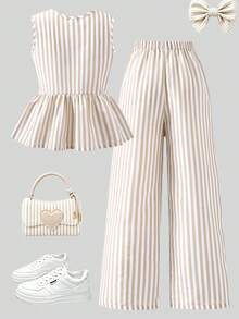 SHEIN 青少年女孩條紋百褶無袖上衣與長褲休閒日常兩件套 - 杏色 - 查看 2