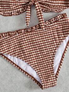 Swim Mod 新款女款優雅波西米亞 Y2K 柔粉色格紋紋理布料比基尼套裝－2 件式泳衣，附平口荷葉邊上衣、前蝴蝶結、可拆式肩帶與高腰性感三角褲，柔軟彈性材質，輕盈透氣，可愛甜美復古海濱風，甜美海濱時尚，90s/2000s 風格，學院風，鄉村風，適合夏季海灘度假、泳池派對與音樂節 - 棕色 - 查看 5