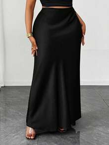 Maweii Women's Summer Elegant Satin Solid Color Mermaid High Waist Bodycon Skirt, Casual Wear, Vacation Outfit, Sister Shopping Party Outfit Fall - Black - View 2